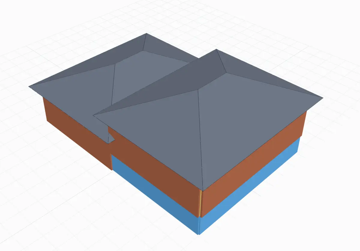 A split-level house in 3D being cut north–south, revealing the roof space, ceiling insulation and rooms inside
