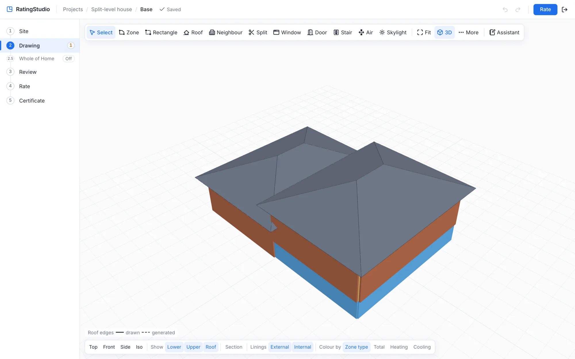 A split-level brick house in 3D with two hip roofs over its upper and lower wings