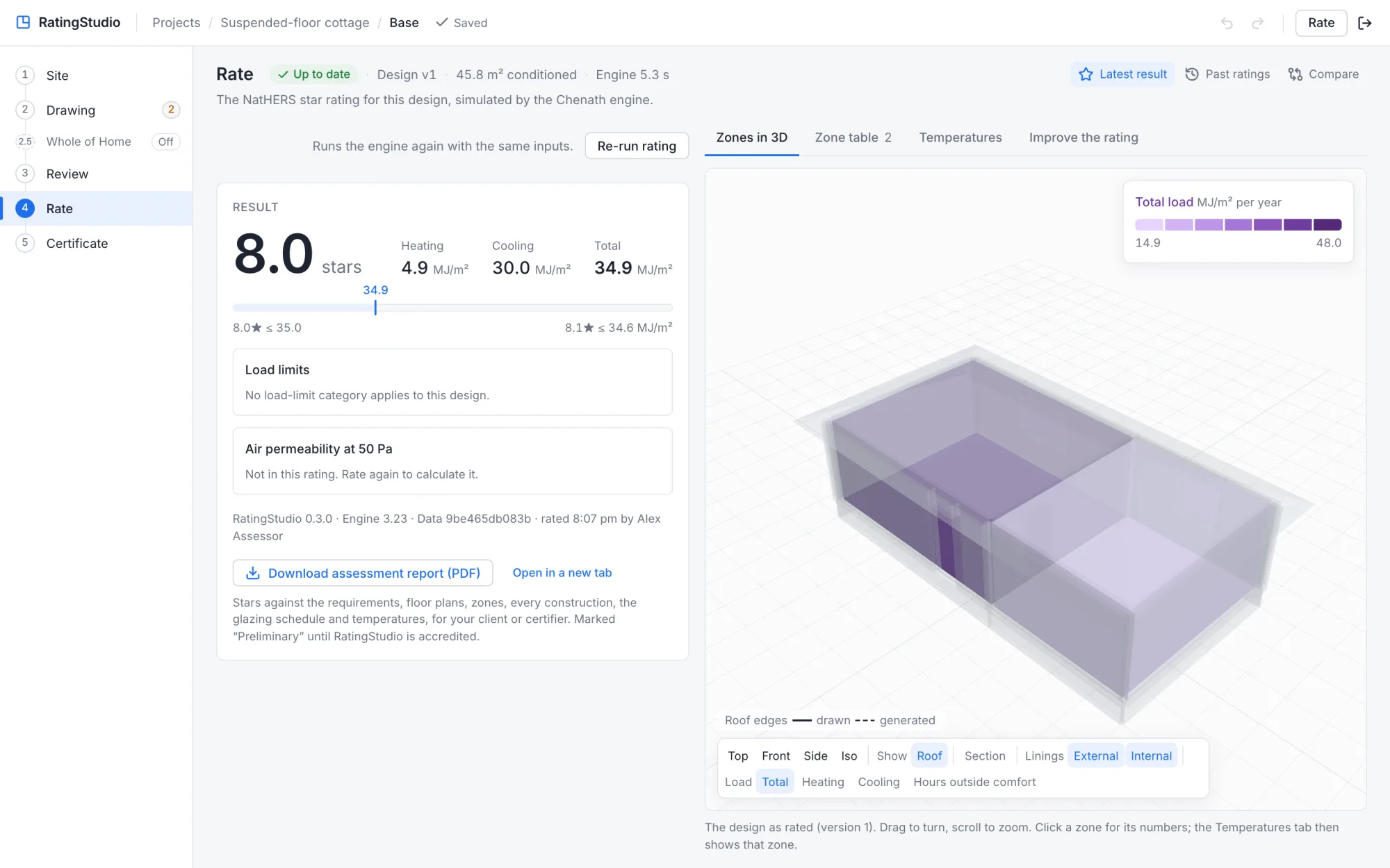 RatingStudio's Rate step: a cottage rated 8.0 stars with heating, cooling and total loads beside a 3D model of its zones shaded by load